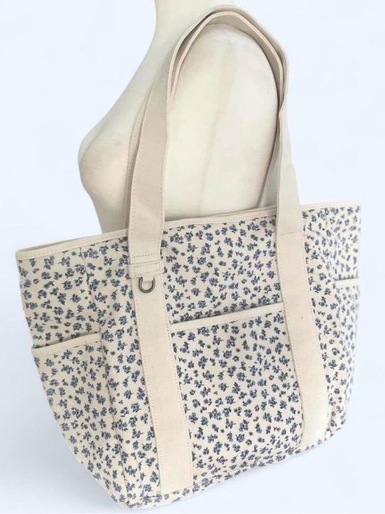 Other Handbags - Canvas Floral Tote Bag in Cream and Blue